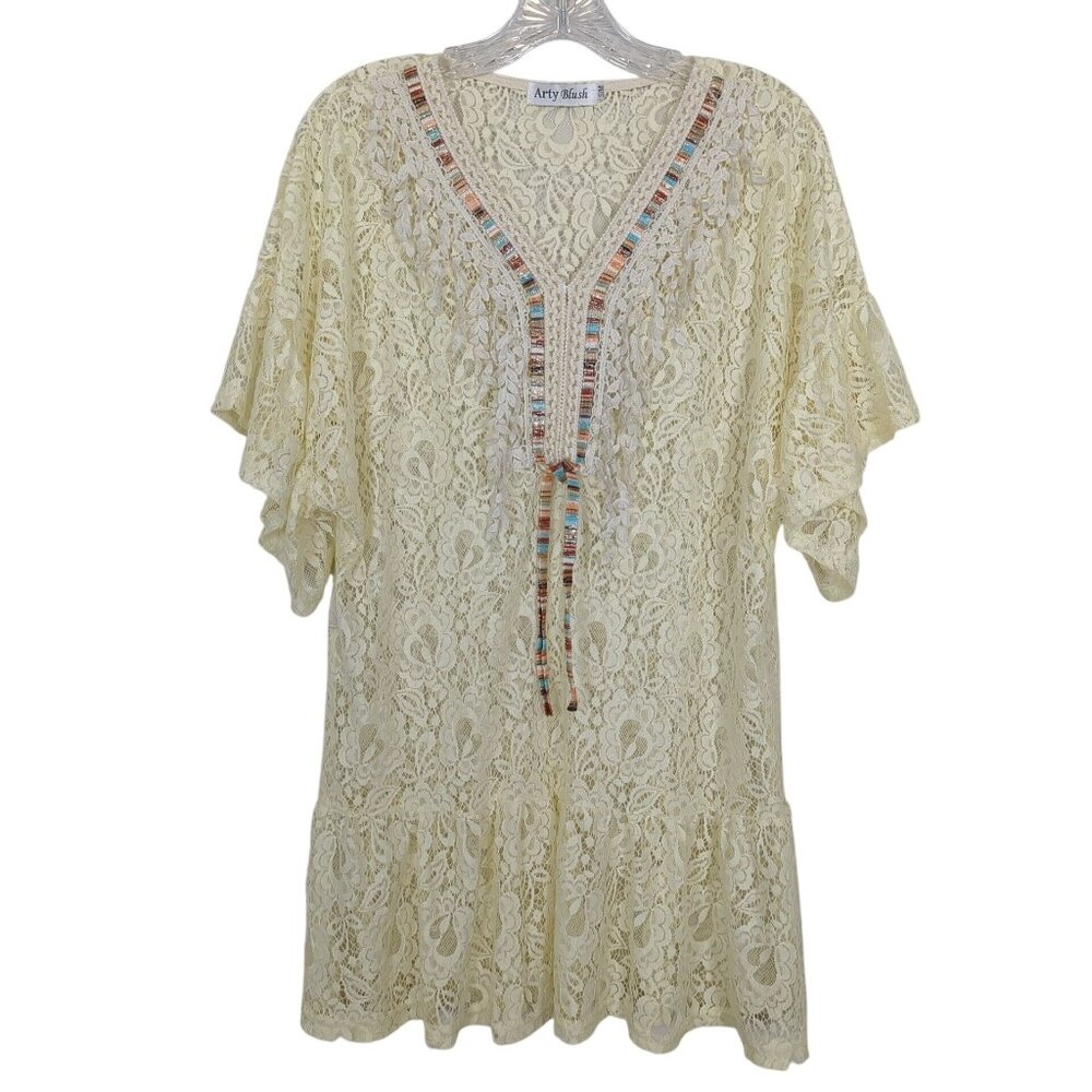Arty Blush Lace Boho Tunic Flutter ruffle short sleeve Beige Bohemian Gypsy S/M